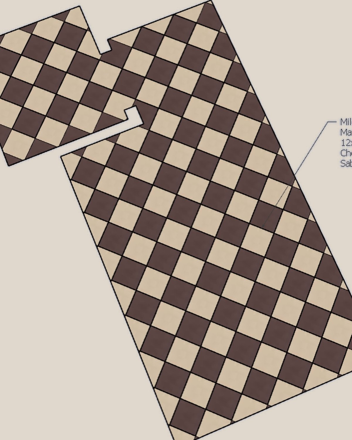 Natalie's tile layout drawing: a checkerboard floor set on the diagonal, with a specification callout.